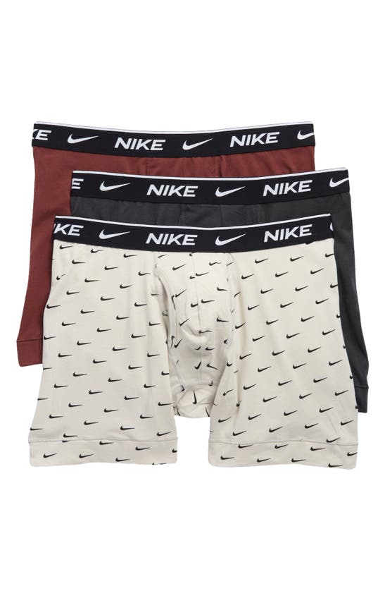 Nike Dri-fit Essential 3-pack Stretch Cotton Boxer Briefs In Bone Swoosh Print/ Smoke Grey