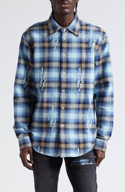 AMIRI Staggered Logo Plaid Flannel Button-Up Shirt in Legion Blue at Nordstrom, Size Small