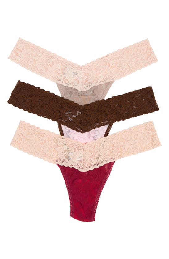 Hanky Panky Low Rise Lace Thongs In Burgundy/ Pink/ Grey