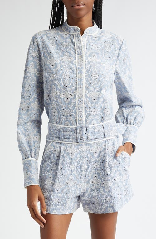 Veronica Beard Thorp Embroidered Cotton Button-Up Shirt Blue/Ecru at Nordstrom,