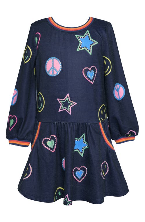 Truly Me Kids' Emoji Print Long Sleeve Fit & Flare Dress in Navy Multi