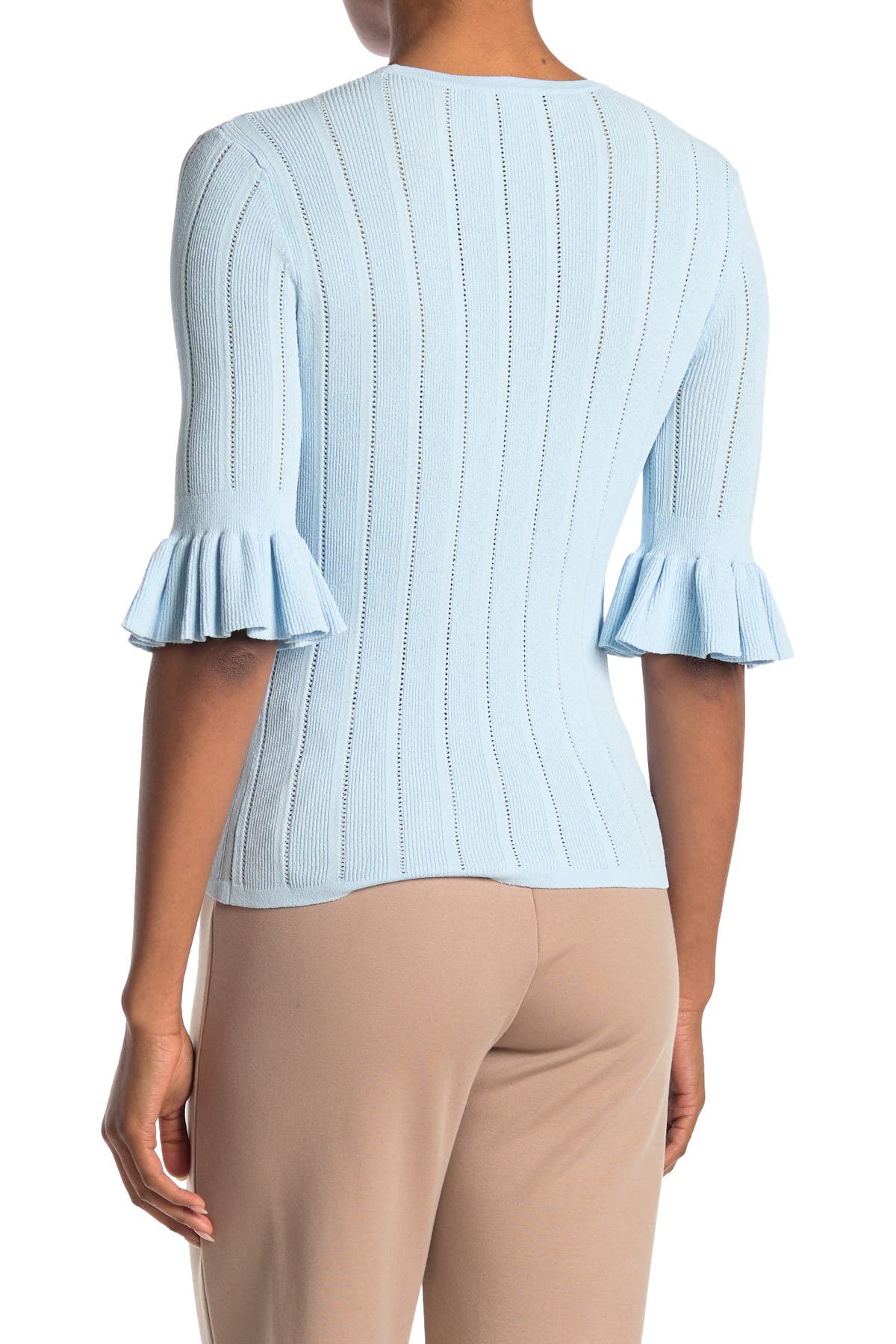 Autumn Cashmere Ribbed Pointelle Ruffle Sleeve Top In Open Blue