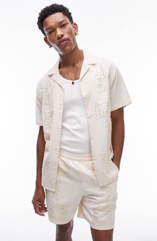 Topman Embroidered Cotton & Linen Camp Shirt In Nude