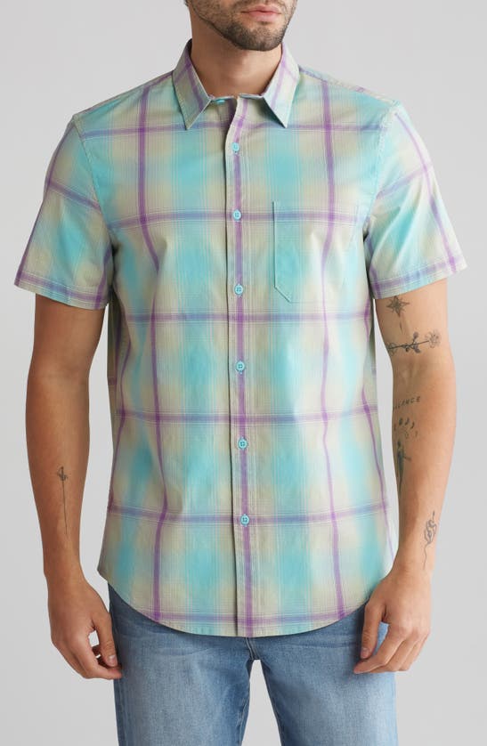 Abound Windowpane Short Sleeve Button-up Shirt In Teal-window Ombre