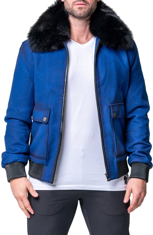 Maceoo Leather Trim Jacket with Faux Fur Collar in Blue