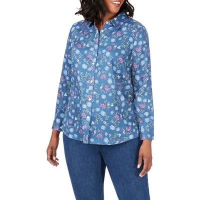 Plus Size Foxcroft Ava Floral Print Shirt, Blue