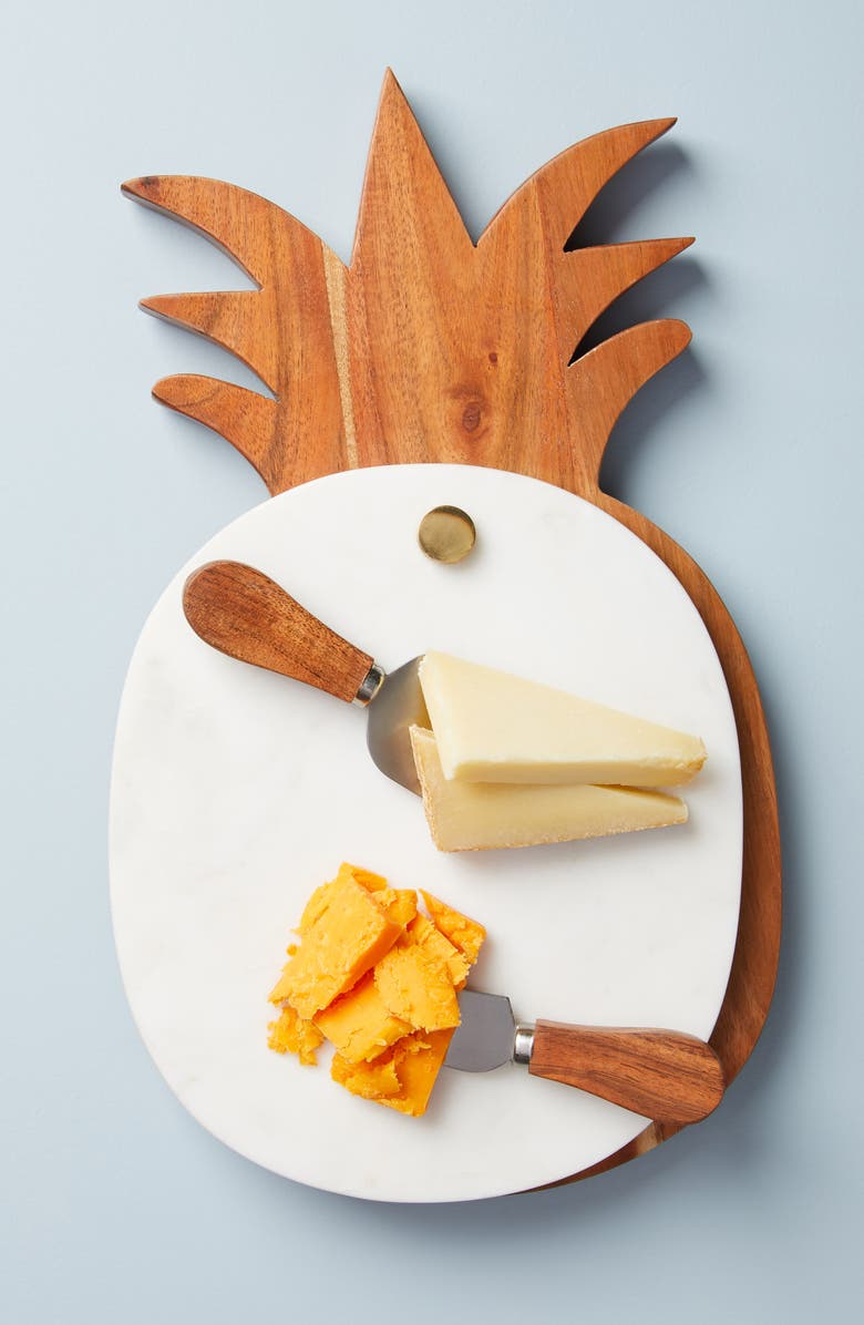 ANTHROPOLOGIE HOME Anthropologie Marble Pineapple Cheeseboard & Set of 3 Cheese Knives, Main, color, White