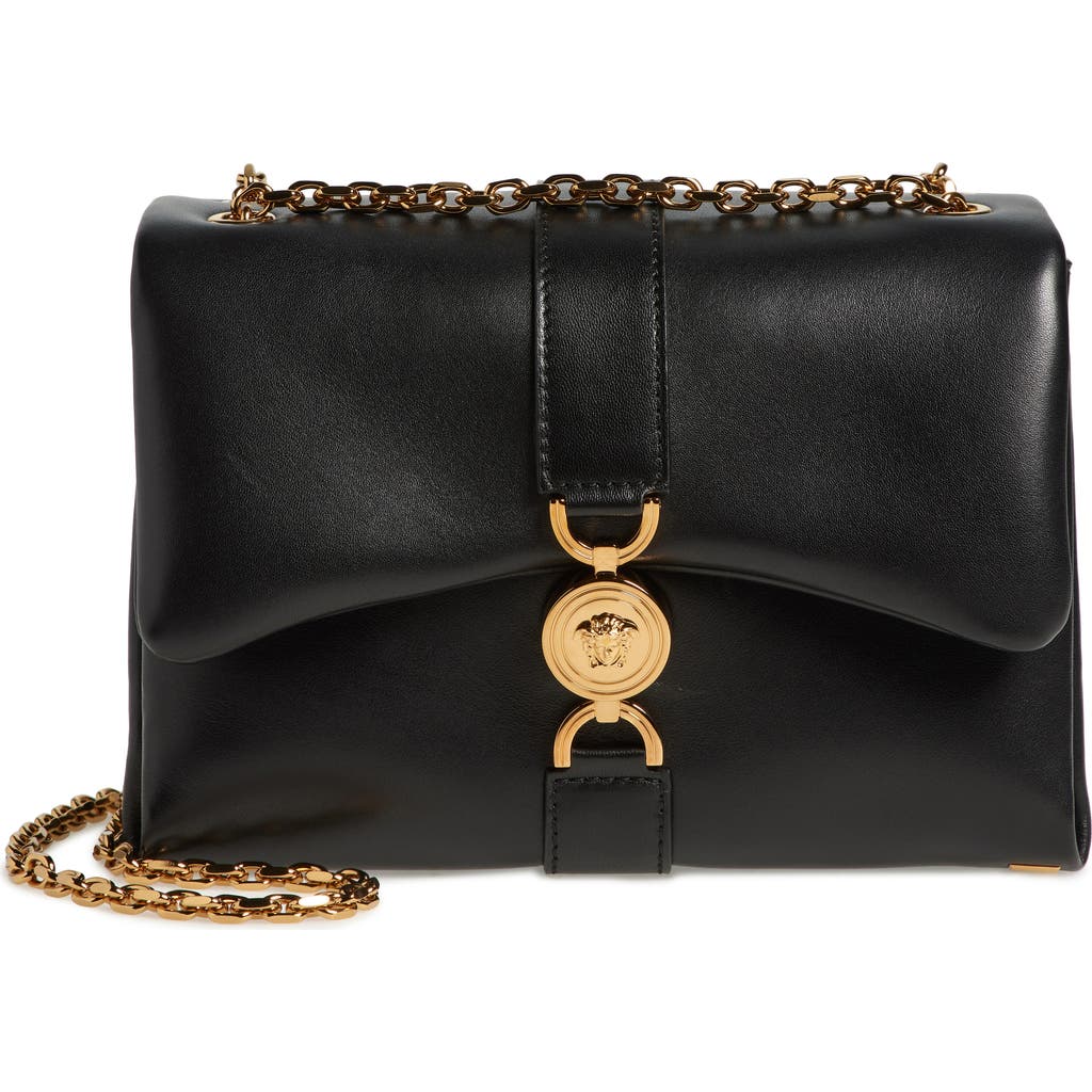 Versace Kleio Flap Leather Chain Shoulder Bag In Black- Gold
