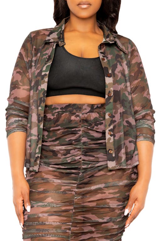 Shop Buxom Couture Camo Semisheer Mesh Button-up Shirt & Body-con Skirt In Green Multi