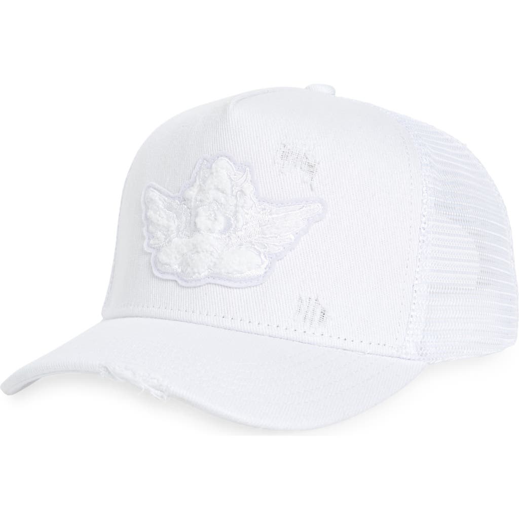 Boys Lie Distressed Denim Trucker Hat In White