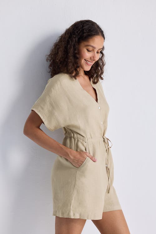 Shop Reistor V Neck Drawstring Romper In Neutral Beige