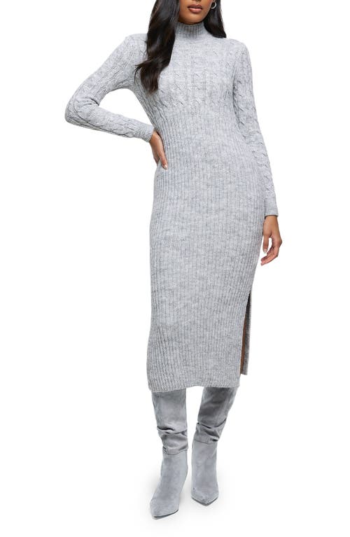 Cable & Rib Stitch Long Sleeve Sweater Dress in Grey