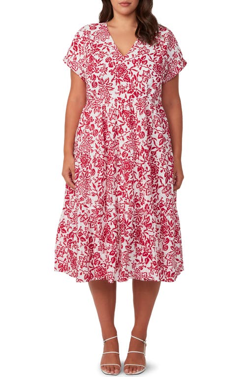 Estelle Cote Dazur Embroidered Midi Dress In Milk/dark Pink