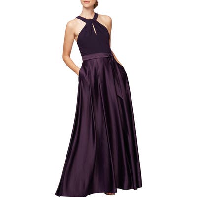 Alex Evenings Mixed Media Halter Gown, Purple