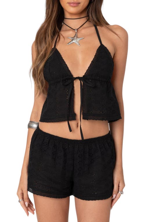 Edikted Jael Eyelet Tie Front Halter Crop Top In Black