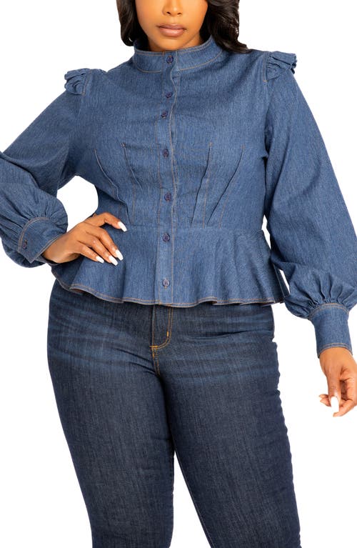 BUXOM COUTURE Denim Peplum Shirt in Denim Blue 