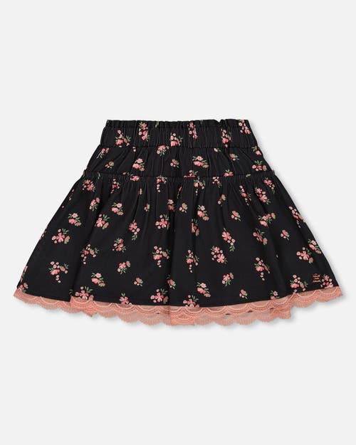 DEUX PAR DEUX DEUX PAR DEUX GIRL'S PRINTED FLOWERS FLARE VISCOSE SKIRT BLACK 