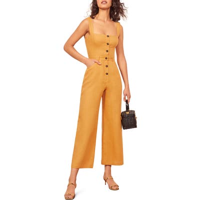 Reformation Tyler Button Linen Jumpsuit, Yellow
