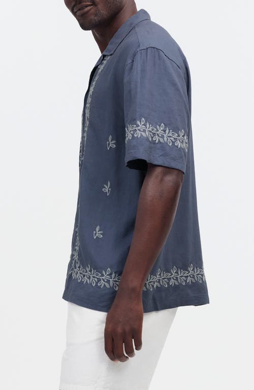 Shop Madewell Easy Embroidered Short Sleeve Linen Blend Button-up Shirt In Night Indigo