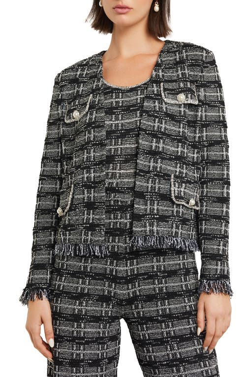 Shop Misook Rhinestone Accent Fringed Tweed Jacket In Black/new Ivory