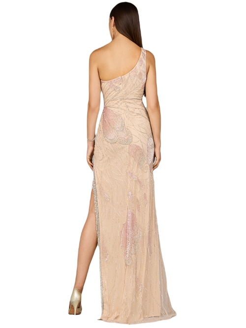 Lara New York One Shoulder Beaded Gown With Fringe Slit In Nude/multi