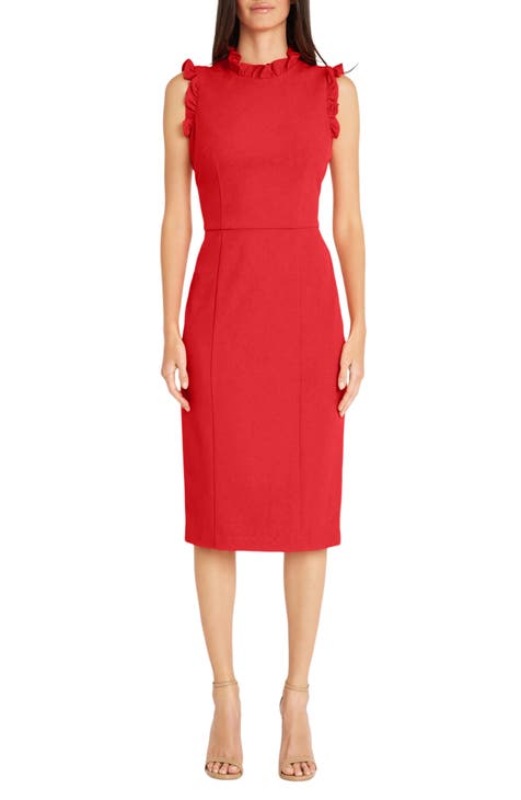 Calvin Klein Solid Sleeveless Sheath With Ruffle Collar Dress in Red