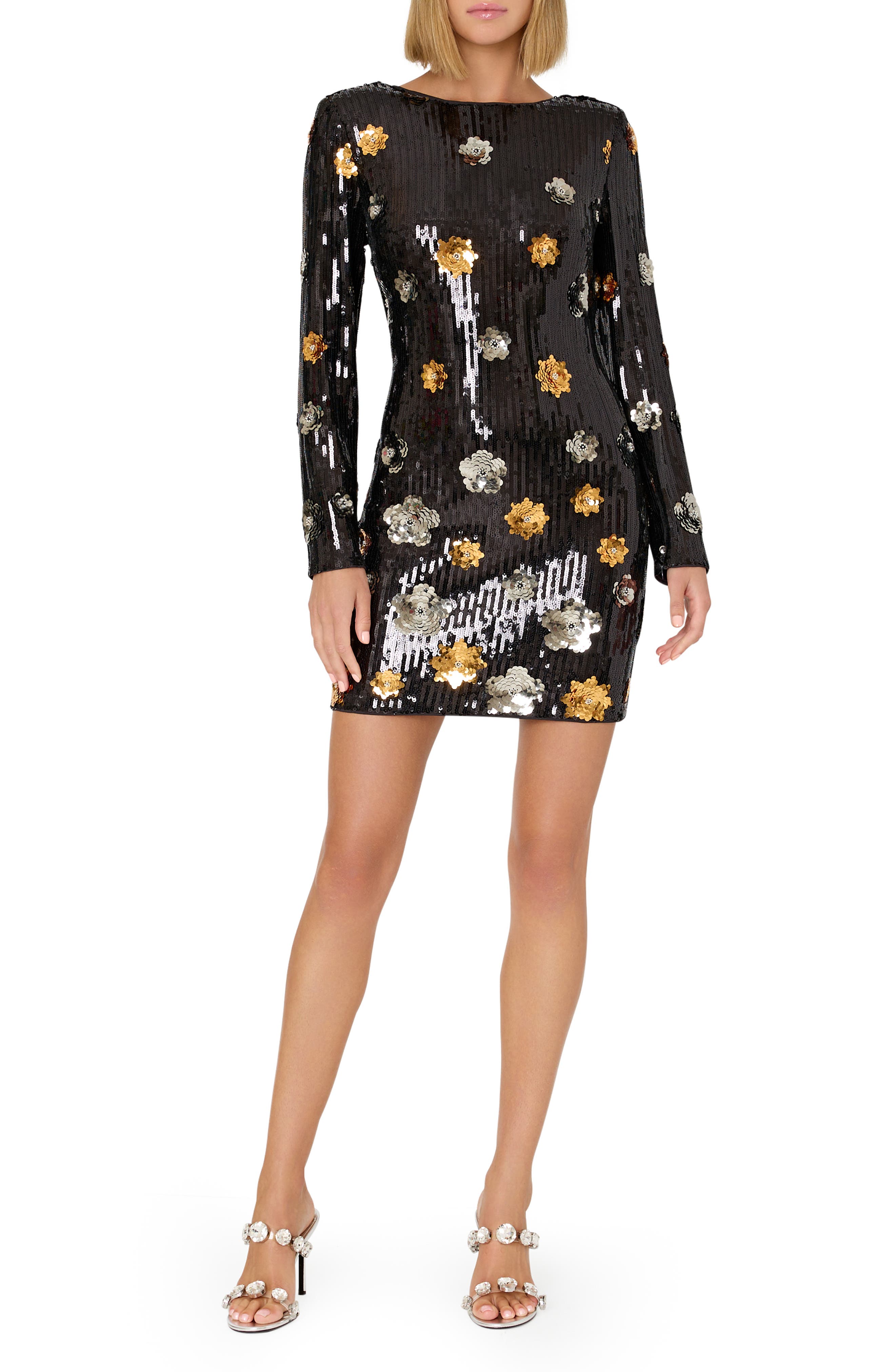 Milly Selene 3D Floral Appliqu Sequin Long Sleeve Cocktail Dress in Black  Multi | Smart Closet