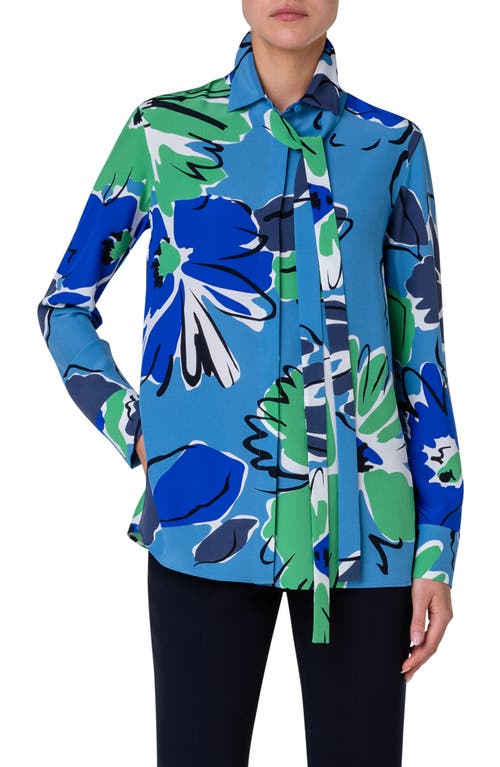 Abraham Floral Print Silk Crepe Button-Up Shirt in 075 Denim-Leaf