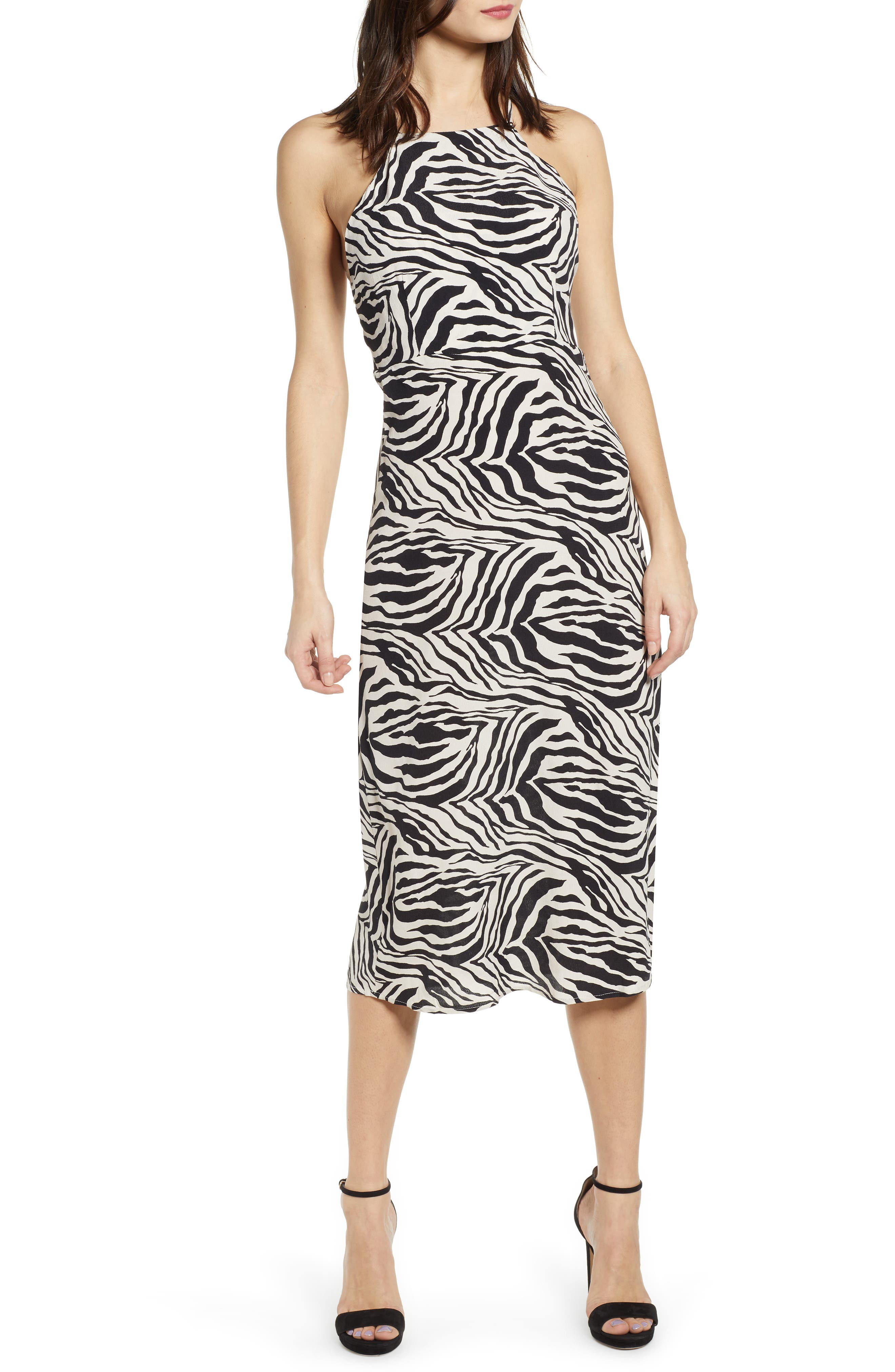 J.o.a. Zebra Print Halter Neck Midi Dress, Black