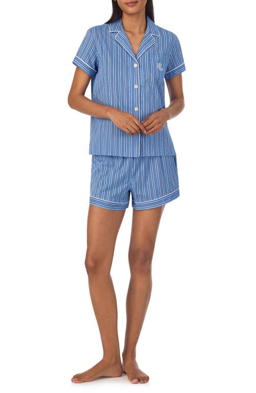 Print Cotton Blend Short Pajamas in Blue Stripe