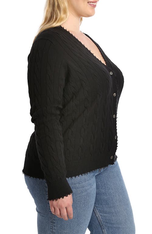 Shop Minnie Rose Frayed V-neck Cable Knit Cotton Cardigan In Black