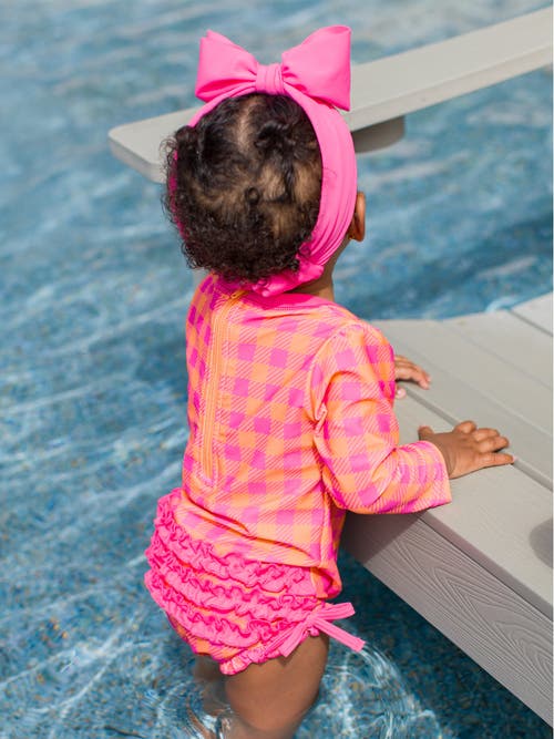 Shop Rufflebutts Baby Girls Long Sleeve Upf50+ One Piece Rash Guard In Sunset Sorbet Gingham