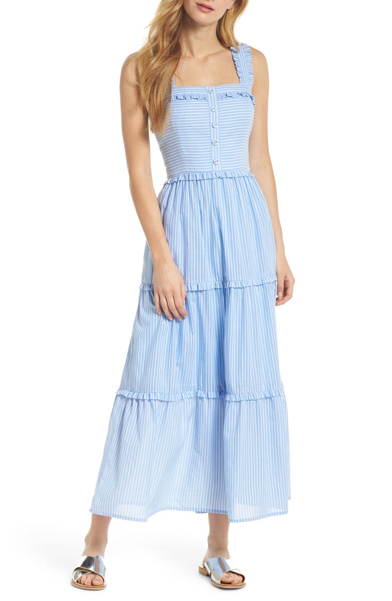 GAL MEETS GLAM COLLECTION Courtney Rio Stripe Lawn Maxi Dress, Main, color, BLUE/ WHITE