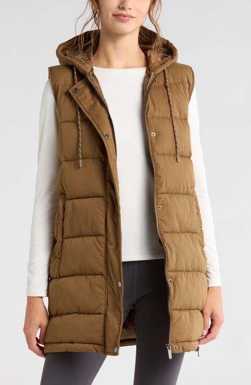 Shop Zella Long Hooded Puffer Vest In Brown Teak