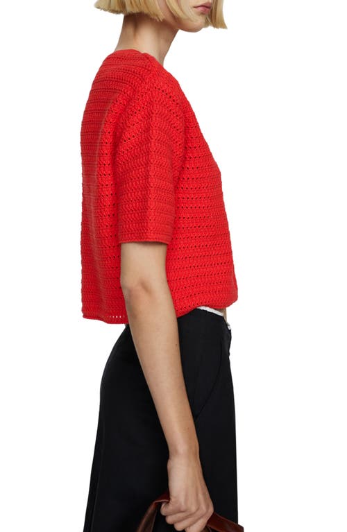 Shop Mango Open Stitch Short Sleeve Crop Cotton Sweater In Coral Red