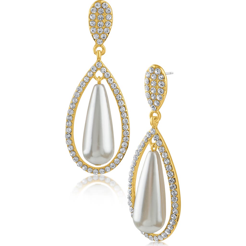 Jardin Pavé Crystal Imitation Pearl Teardrop Earrings In White/clear/gold