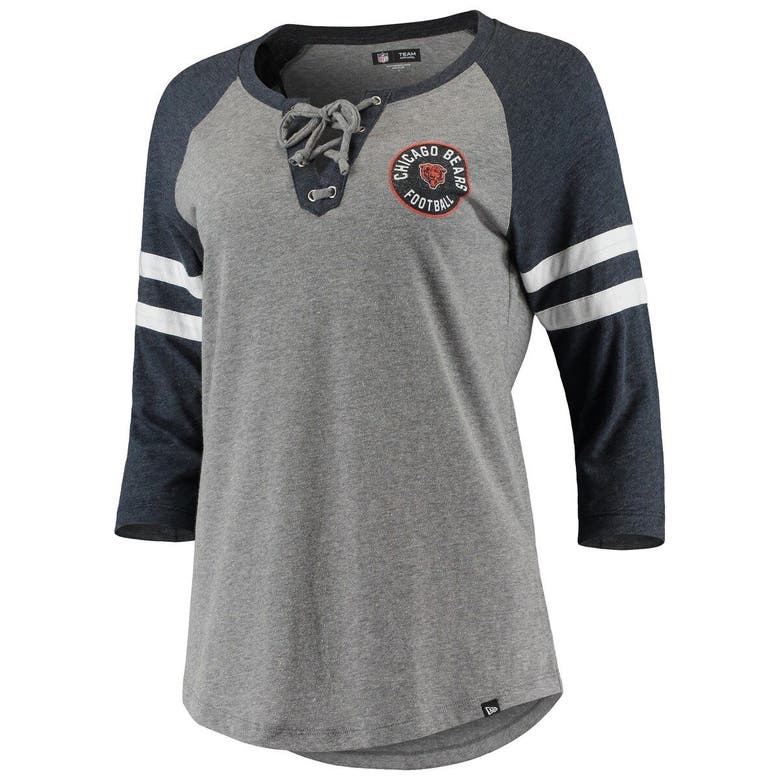 New Era Heathered Gray Chicago Bears Throwback Raglan 3/4-Sleeve Lace-Up T-Shirt Heather Gray