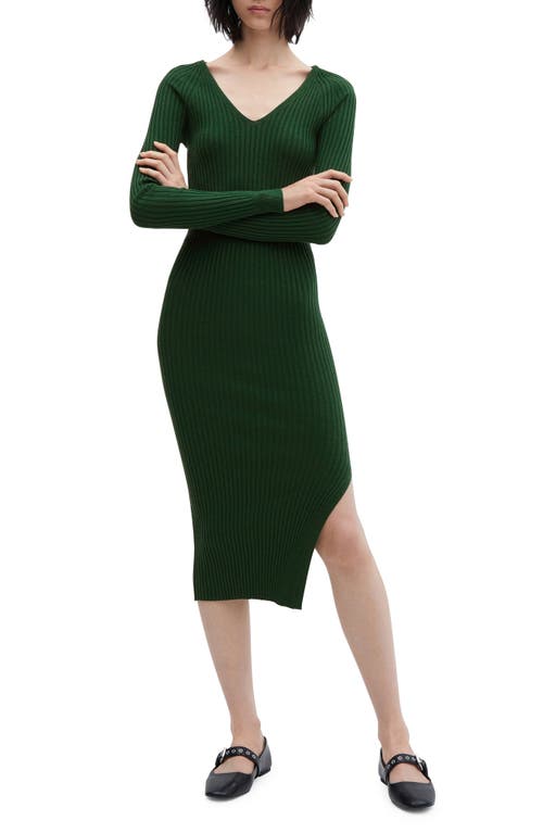 MANGO Long Sleeve Rib Sweater Dress Green at Nordstrom,