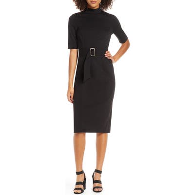 Chelsea28 Belted Mock Neck Sheath Dress, Black
