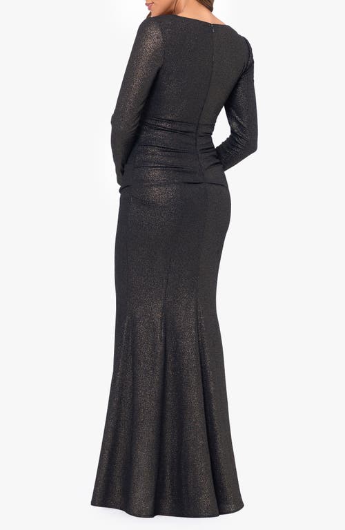 Xscape Evenings Long Sleeve Metallic Ruched Gown In Black/gold