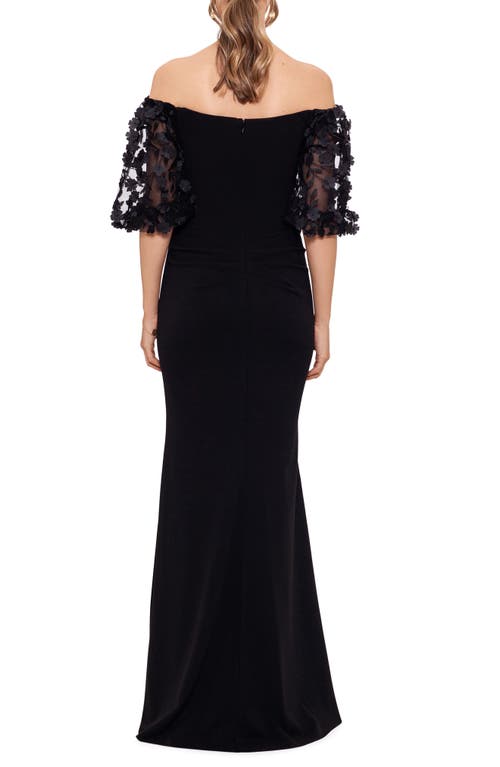 Shop Xscape Evenings Off The Shoulder Floral Appliqué Trumpet Gown In Black