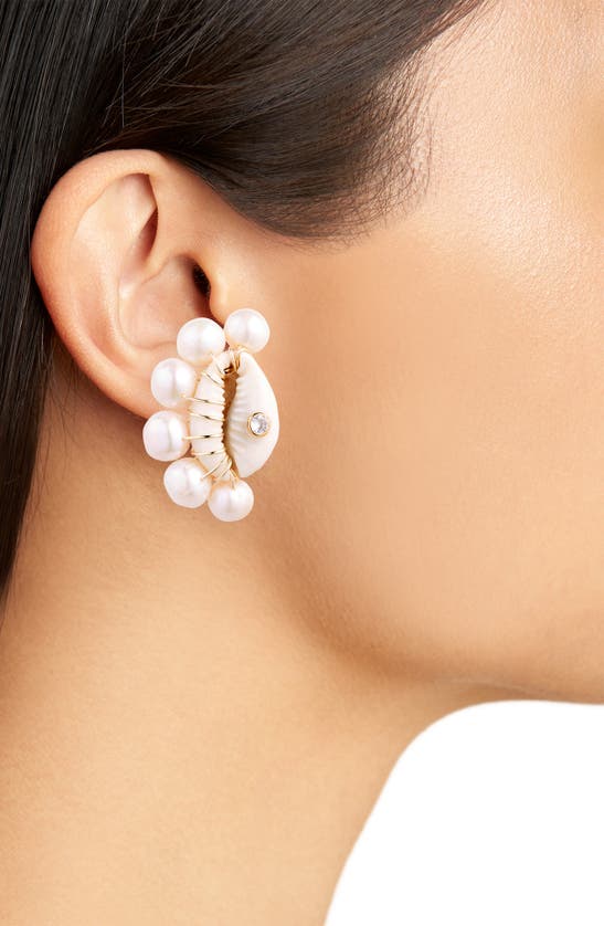 Shop Eliou Lara Shell & Freshwater Pearl Stud Earrings In Tiger Shell