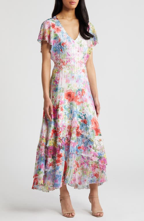 Komarov Floral Flutter Sleeve Chiffon & Charmeuse Maxi Dress in Monet Floral at Nordstrom, Size Large