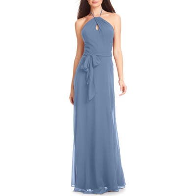 #levkoff Chiffon Tie Waist Halter Gown, Blue