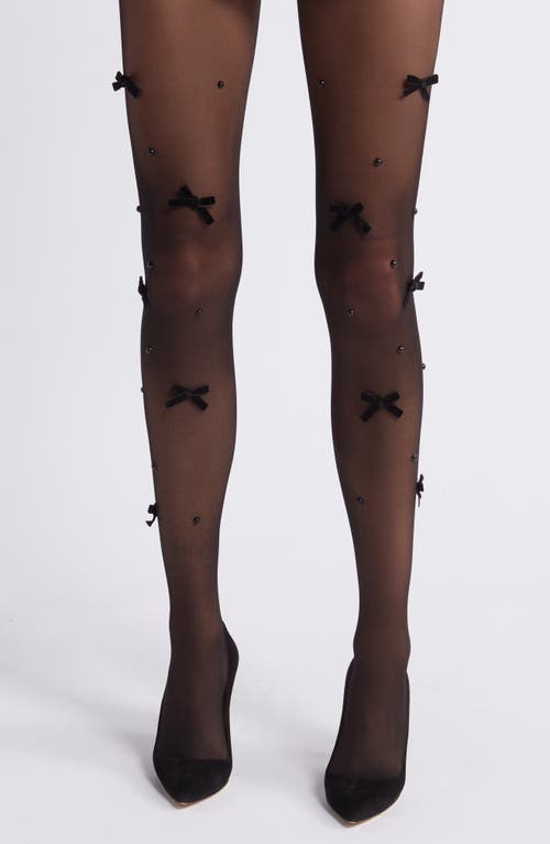 Nevermore Peek Bow Embellished Sheer Tights in Black
