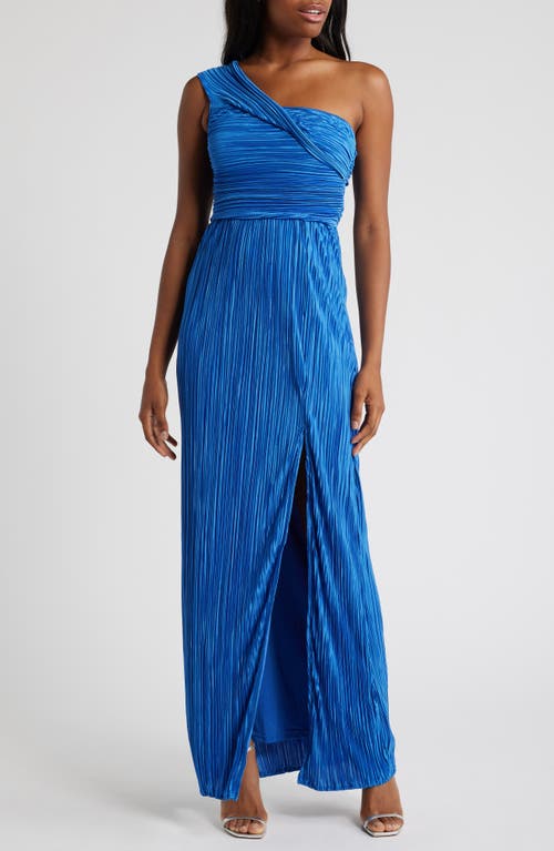 Lulus Poised Performance One-Shoulder Plissé Gown in Bright Blue 