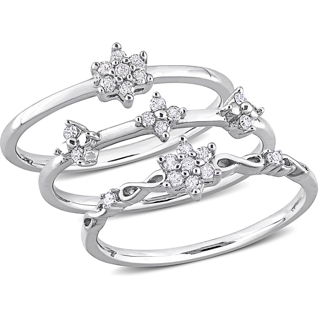 Delmar Set Of 3 Floral Diamond Rings In Silver