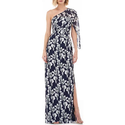 Kay Unger One-Shoulder Capelet Gown, Blue