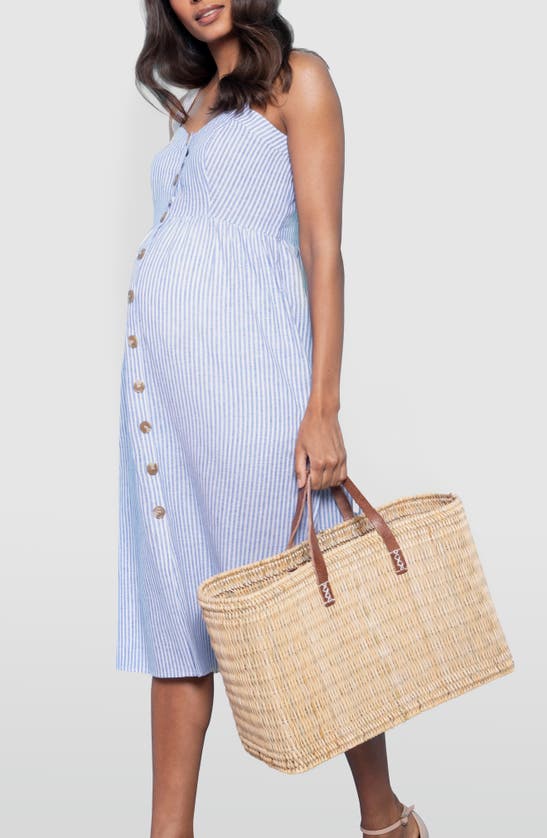 Shop Seraphine Button Front Maternity/nursing Midi Sundress In Blue Stripe