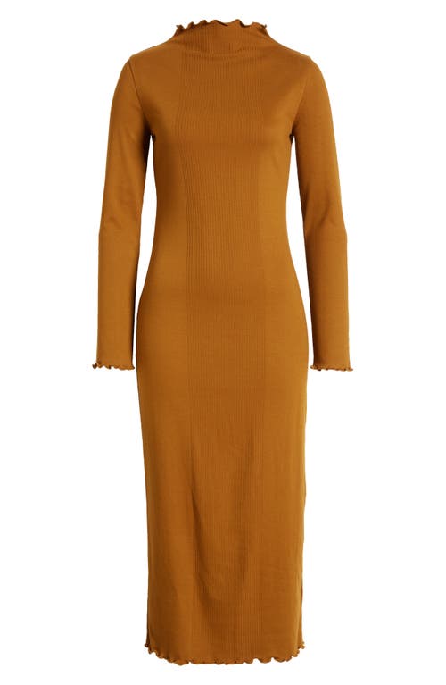 Treasure & Bond Placed Rib Mock Neck Long Sleeve Midi Dress In Brown Temple